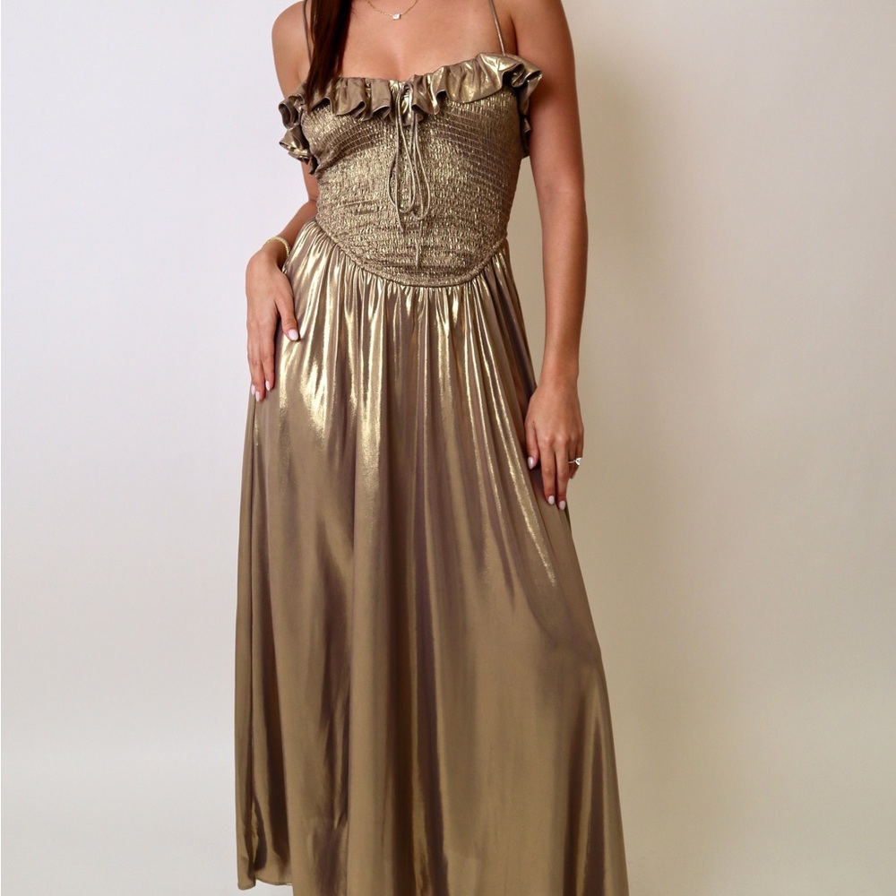 Shimmering Gold Ruffle-Trim Maxi Dress